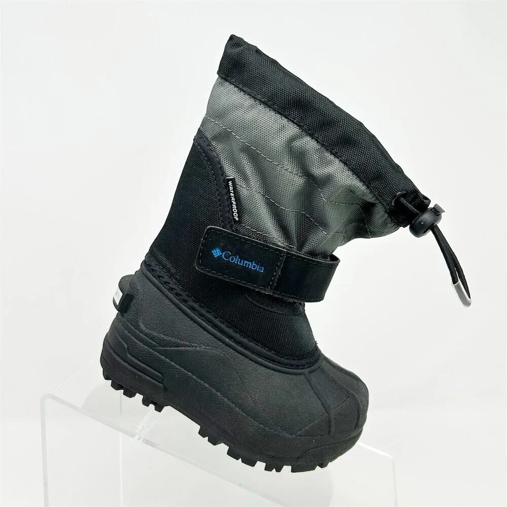 Columbia Powderbug Plus II Kids Winter Snow Boots Black Gray Waterproof Size 7